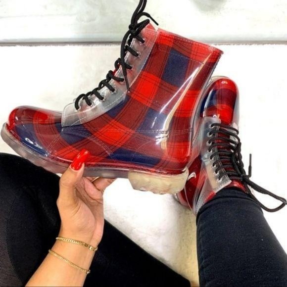 !! NEW !! Plaid Lace Up Combat Style Rain Boots - Picture 4 of 11
